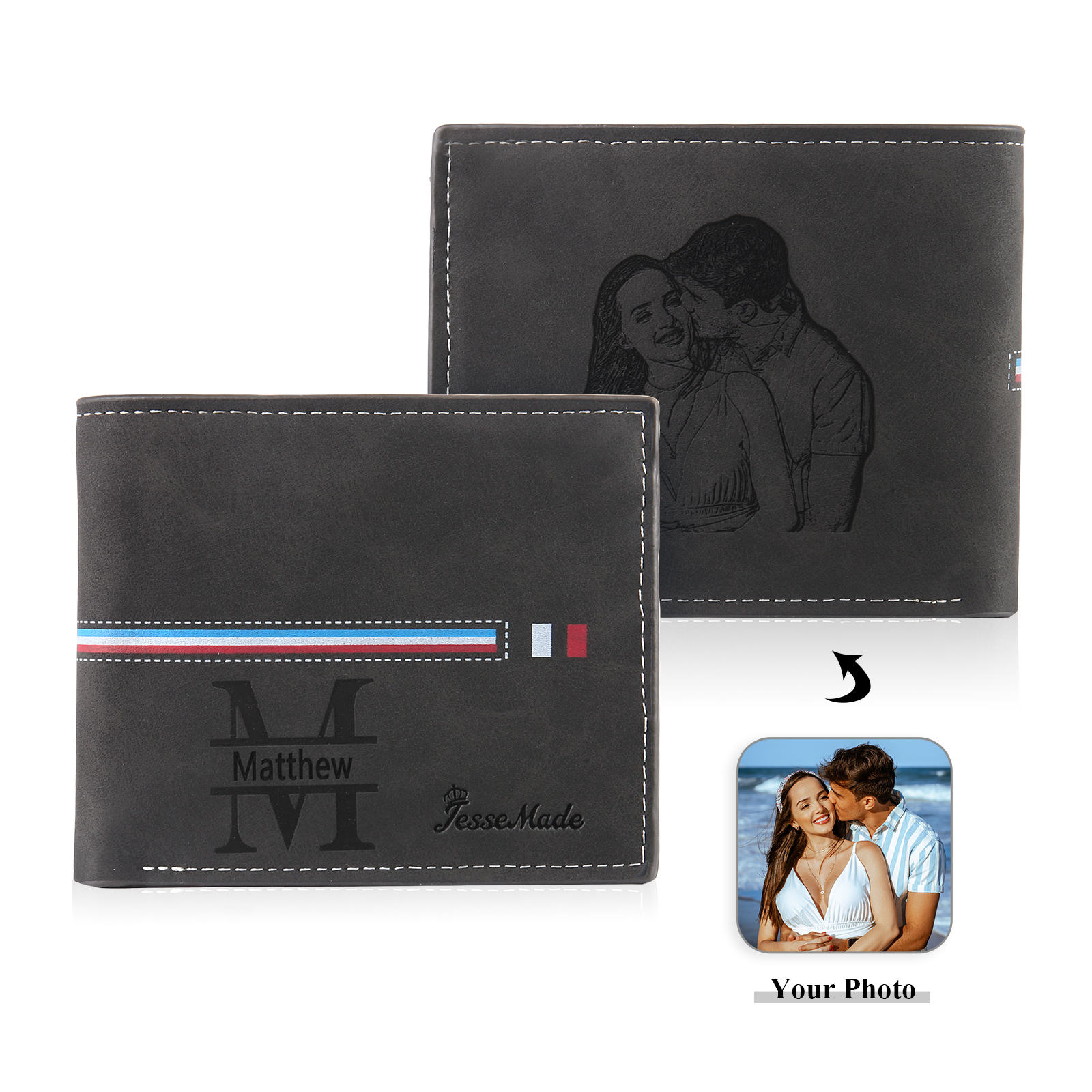 Personalised Photo & Name & Letter Billfold Wallet Monogram Leather Black Wallet Gift for Men-Jessemade AU