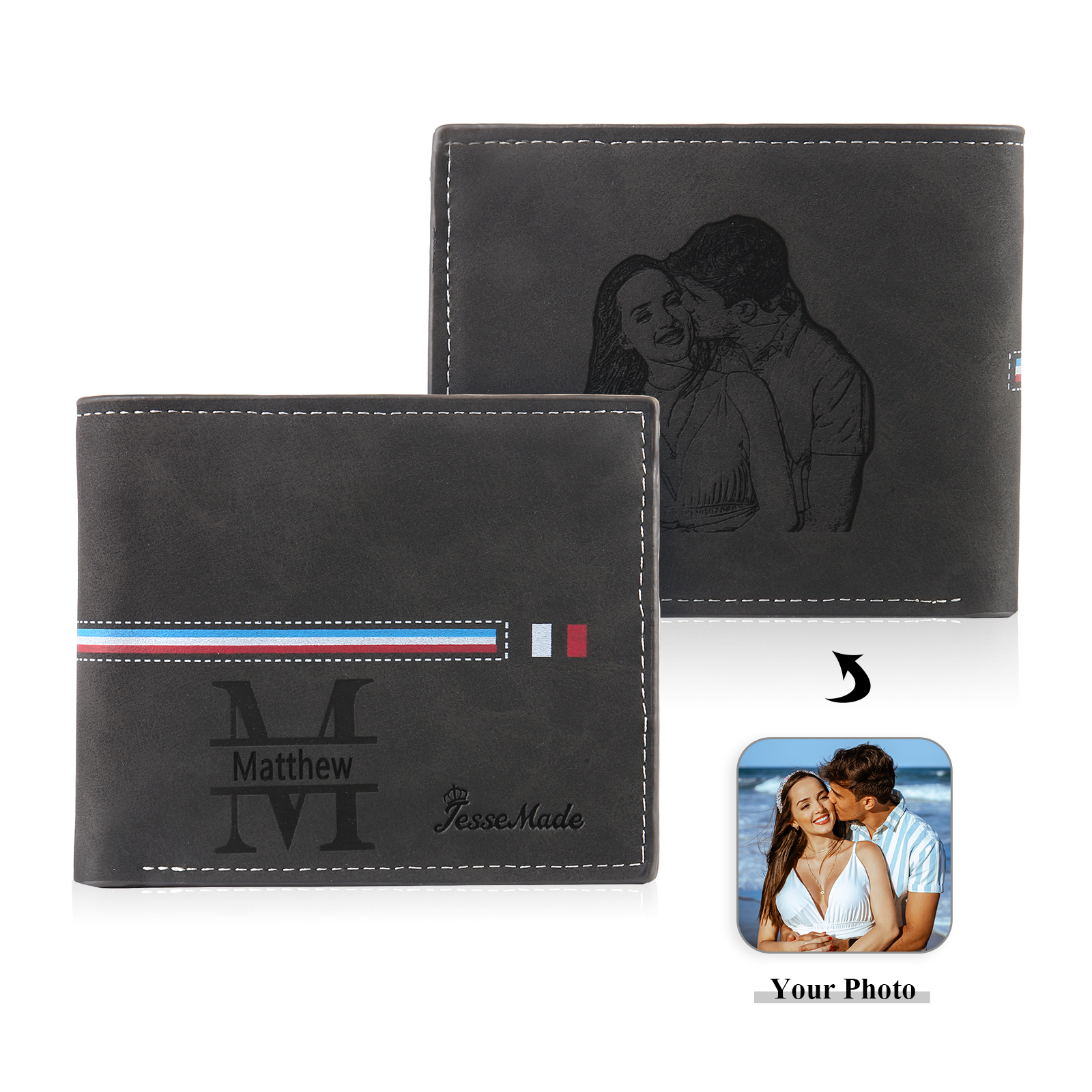 Personalised Photo & Name & Letter Billfold Wallet Monogram Leather Black Wallet Gift for Men-Jessemade AU