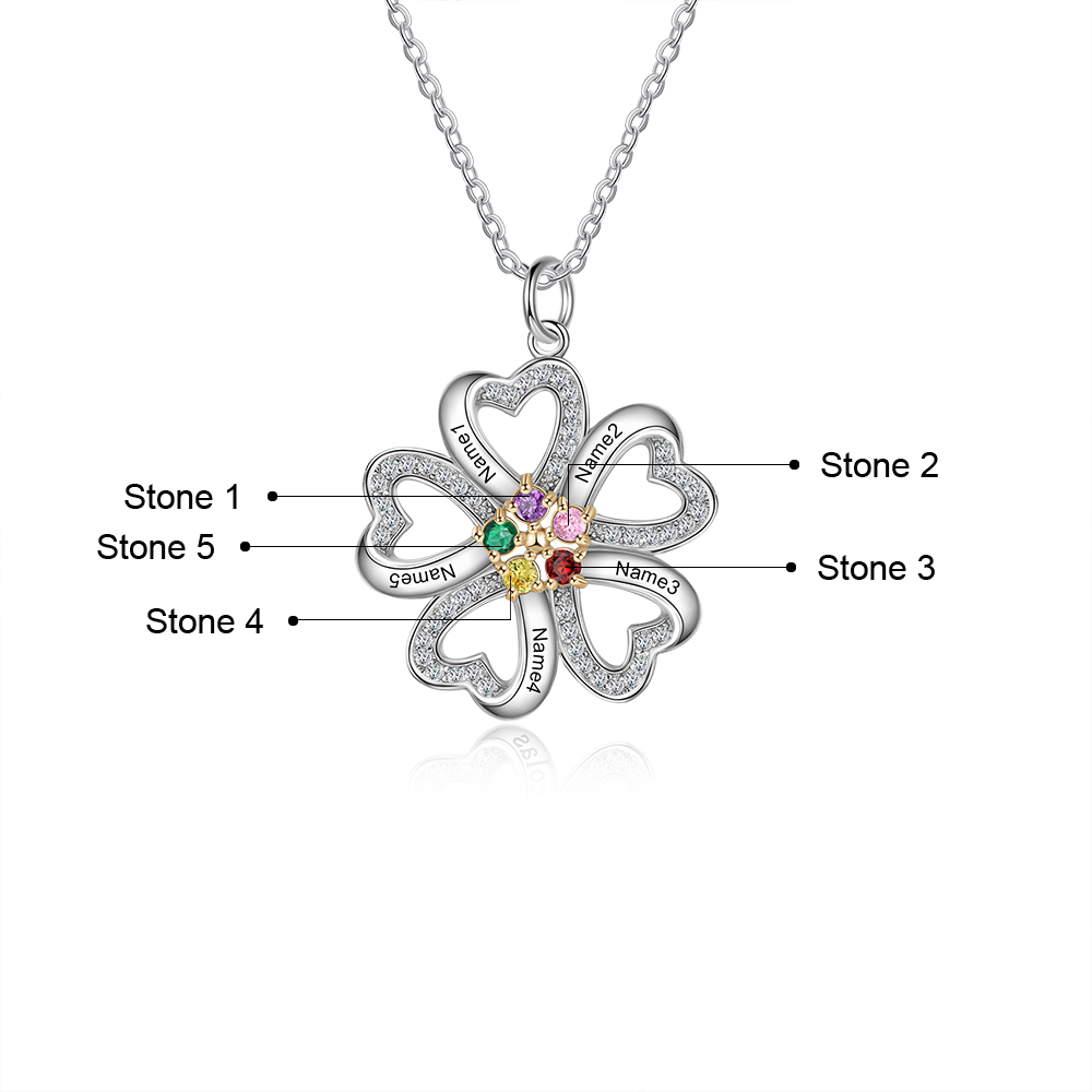 Personalised Heart Necklace With 5 Birthstones Engraved Names Gift For Women-Jessemade AU
