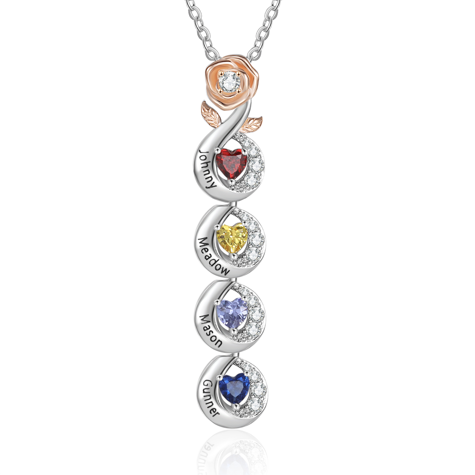 Custom Family Necklace Rose Pendant with 4 Birthstones Engraving 4 Names Gifts for Her-Jessemade AU