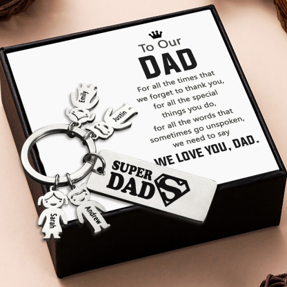 Father's Day Gift Personalised Super Dad Keychain Engraved 4 Kid Charms-Jessemade AU