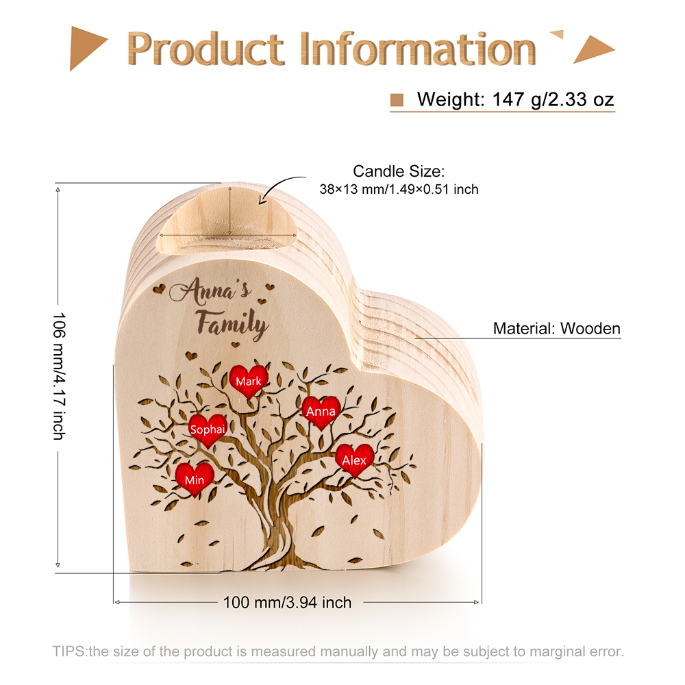 To My Family Wooden Heart Candle Holder Custom 5 Names Family Tree Candlesticks-Jessemade AU