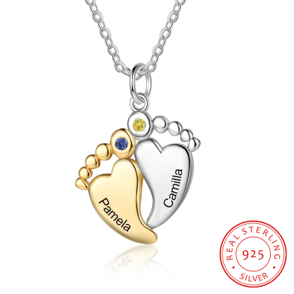 Personalised Baby Feet Necklace With 2 Birthstones Engraved Names Gift For Women-Jessemade AU