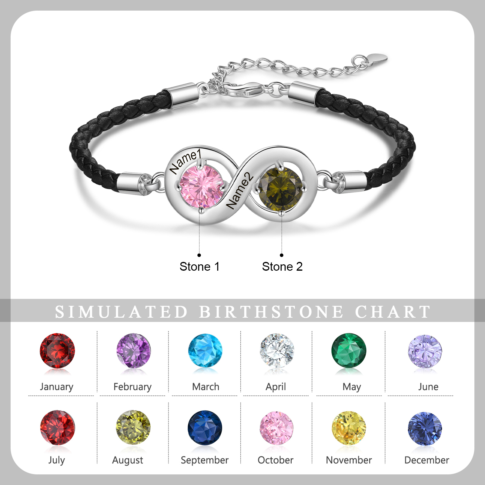 Personalised Infinity Bracelets Custom 2 Birthstones & 2 Names Adjustable Bracelet Gift for Her