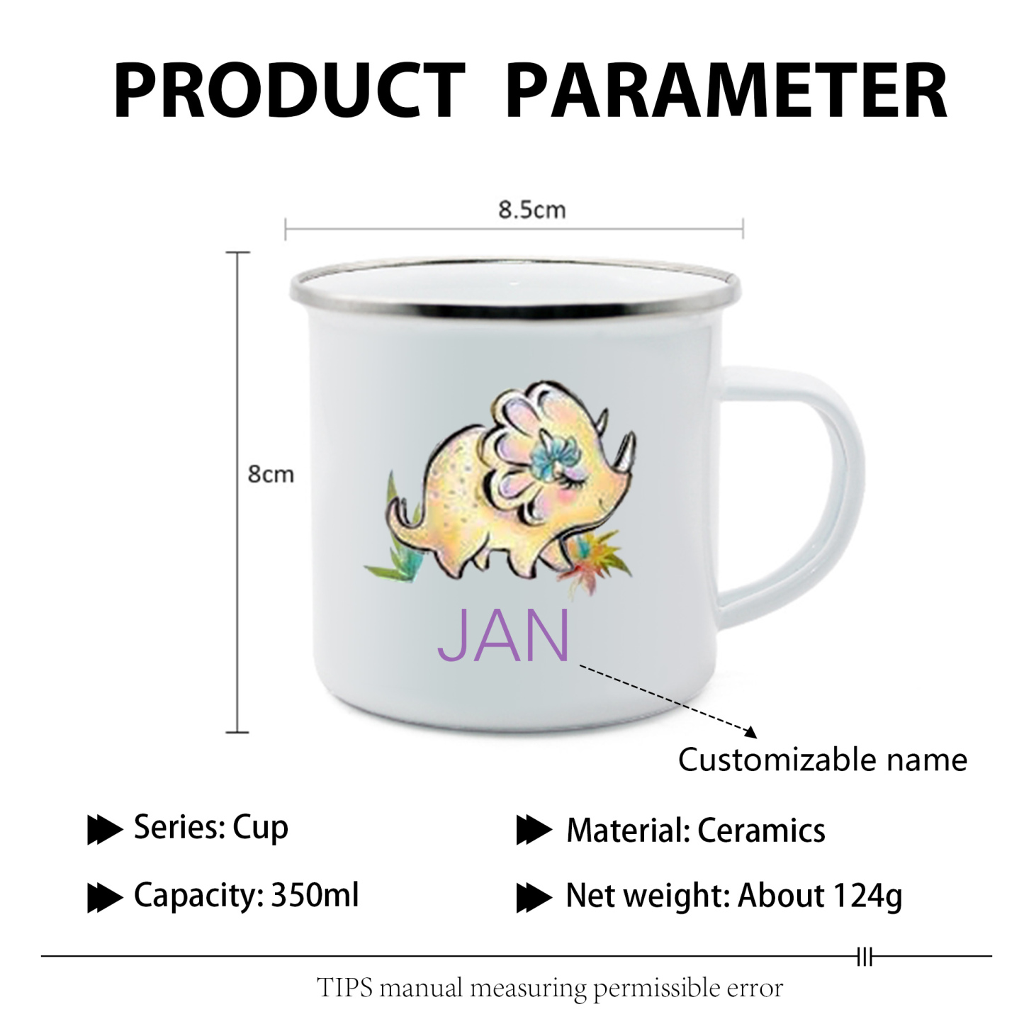 Personalised Enamel Mug Customised Name Dinosaur Cup Camping Mug Birthday Gift for Kids - Triceratops-Jessemade AU