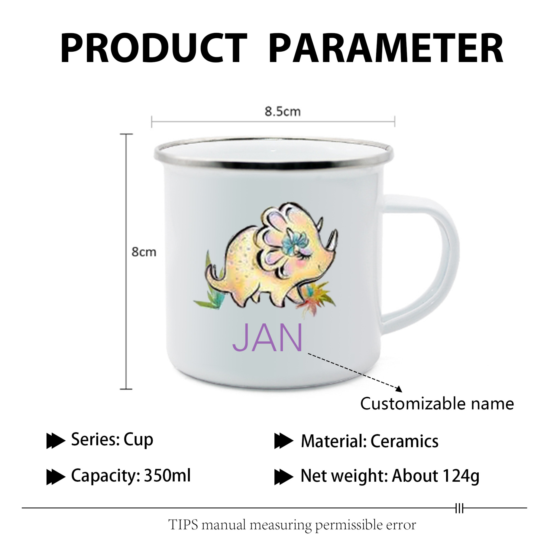 Personalised Enamel Mug Customised Name Dinosaur Cup Camping Mug Birthday Gift for Kids - Triceratops-Jessemade AU