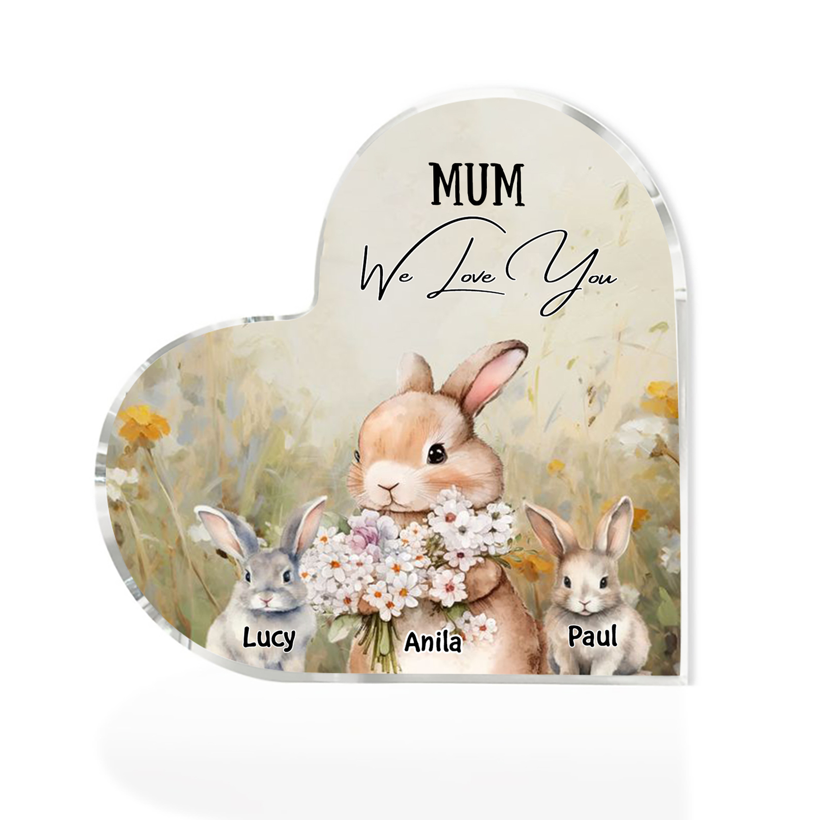 3 Names - Personalised Acrylic Heart Keepsake Custom Text Bunny Family Ornament Gift for Mother/Grandma-Jessemade AU