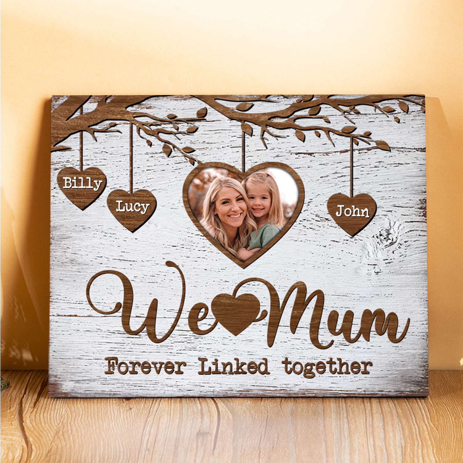 Personalised 3 Names & 1 Photo Wooden Plaque Custom Family Tree Home Decor Mother's Day Gifts - We Love Mum, Forever Linked Together-Jessemade AU