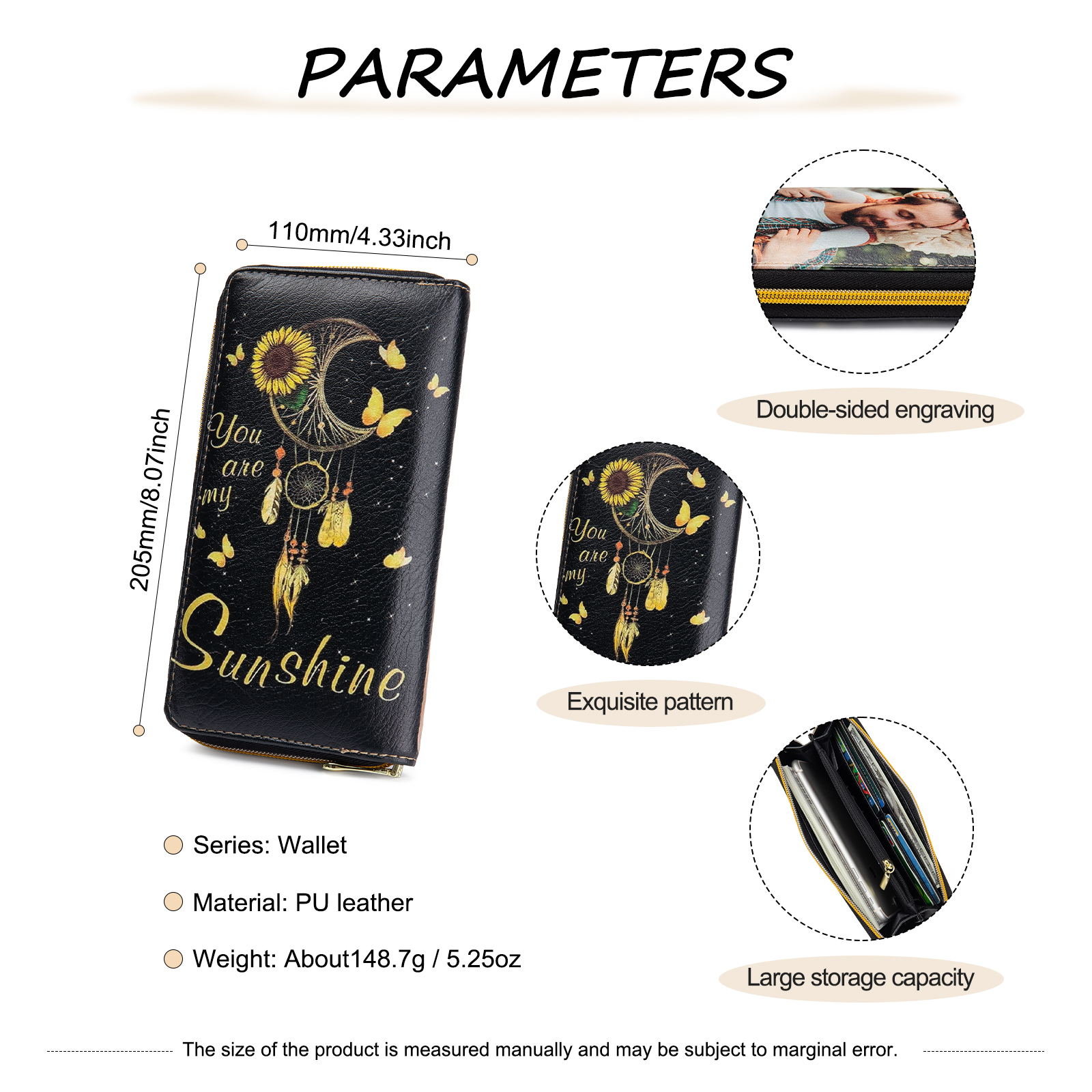 "You are My Sunshine",Personalised Dream Catcher Leather Wallet Engraved 1 Photo Zip Wallet Long Purse Gifts for Her-Jessemade AU