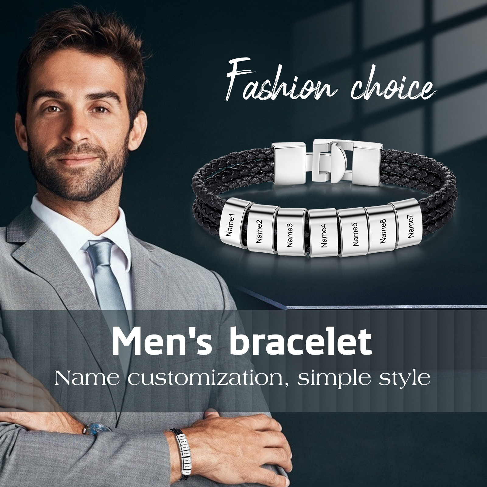 Personalised Braided Leather Bracelet Engraved 7 Names Men's Bracelet for Him-Jessemade AU