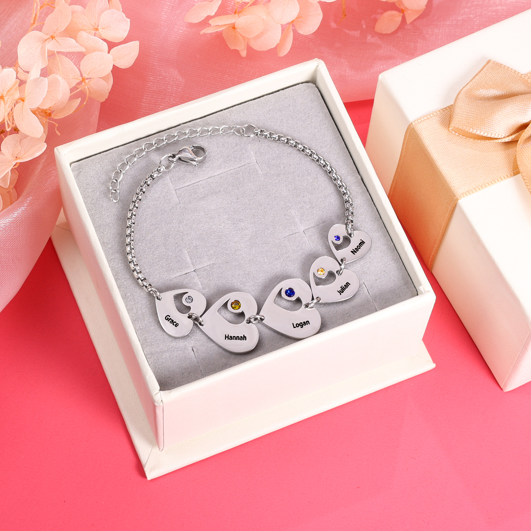 Personalised Heart Bracelet with Birthstones Custom 6 Names Family Bracelet Gifts for Her-Jessemade AU