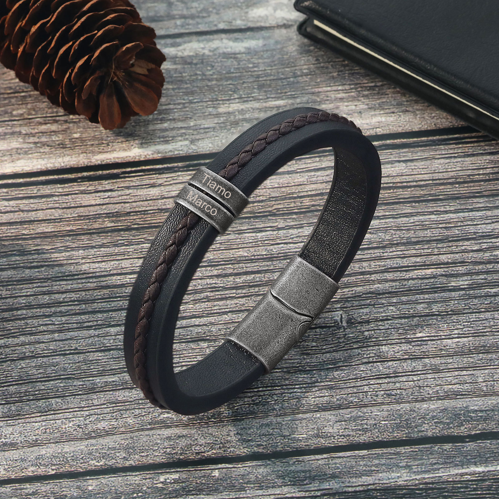 2 Names - Personalised Men's Leather Bracelet Custom Text Beaded Bracelets Vintage Gift for Him