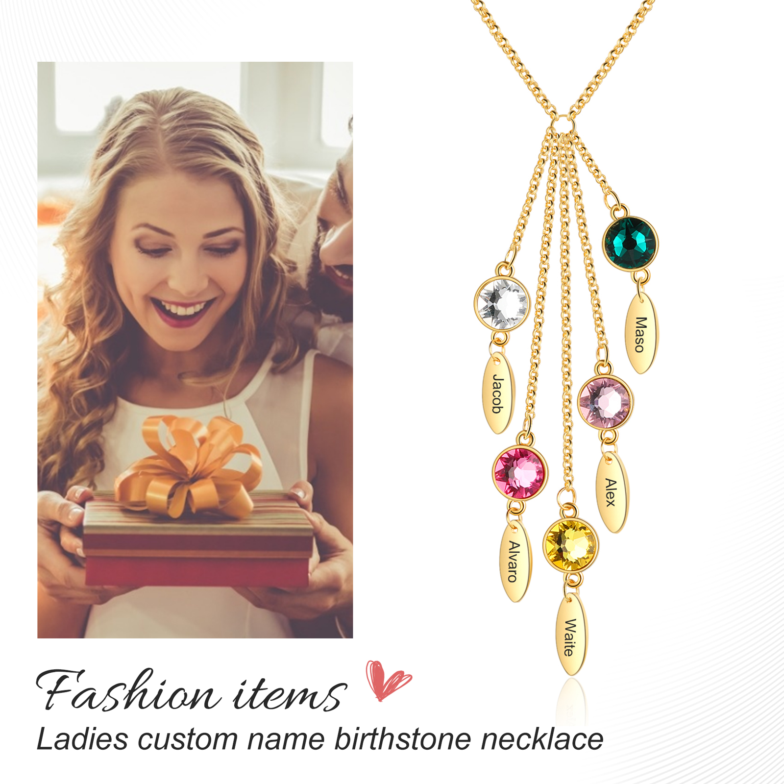 Personalised Bar Necklace With 5 Birthstones Engraved Names Necklace Best Gift For Mother-Jessemade AU