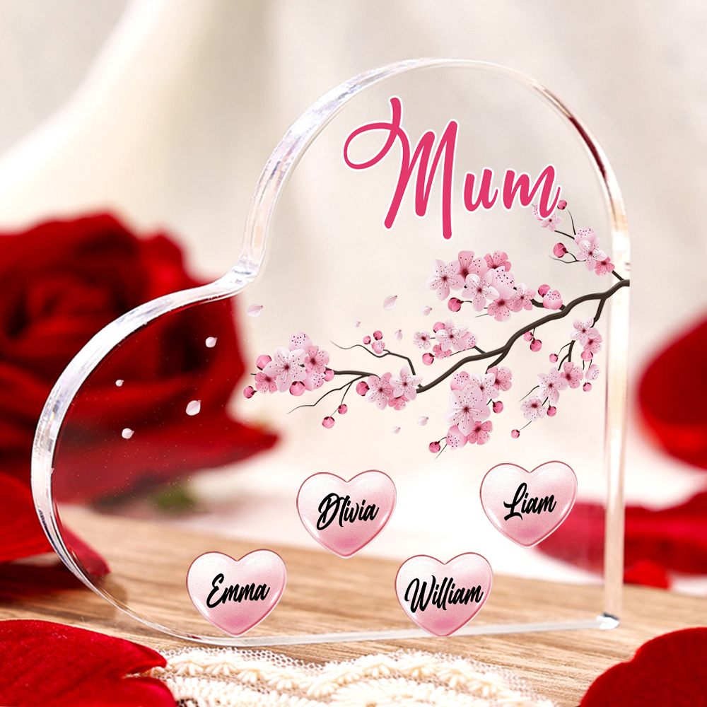 4 Names - Personalised Acrylic Heart Keepsake Custom Text Peach Blossom Ornaments Gifts for Grandma/Mother-Jessemade AU