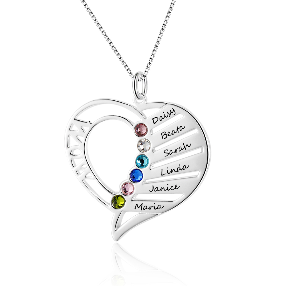 Personalised Heart Necklace With 6 Birthstones Engraved Names Gift For Her-Jessemade AU