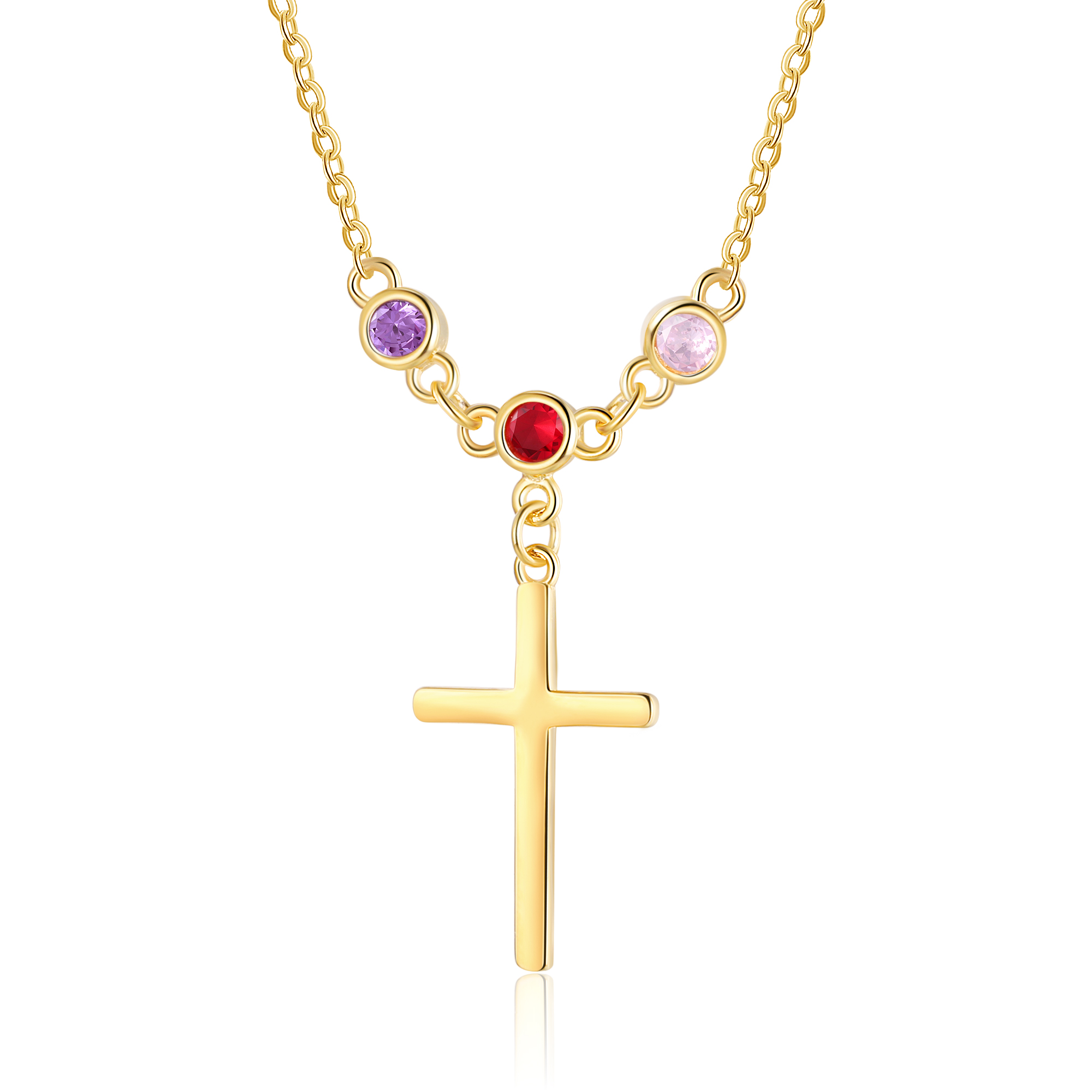 Personalised Cross Pendant Necklace Custom 3 Birthstones & 1 Text Necklace Birthday Gift for Her-Jessemade AU