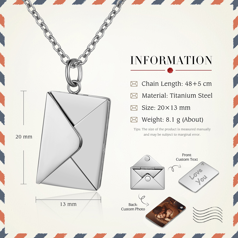 Personalised Envelope Pendant Necklace Customised Photo & Text Necklace Gold/Silver/Rose Gold Valentine’s Day Gift for Her-Jessemade AU