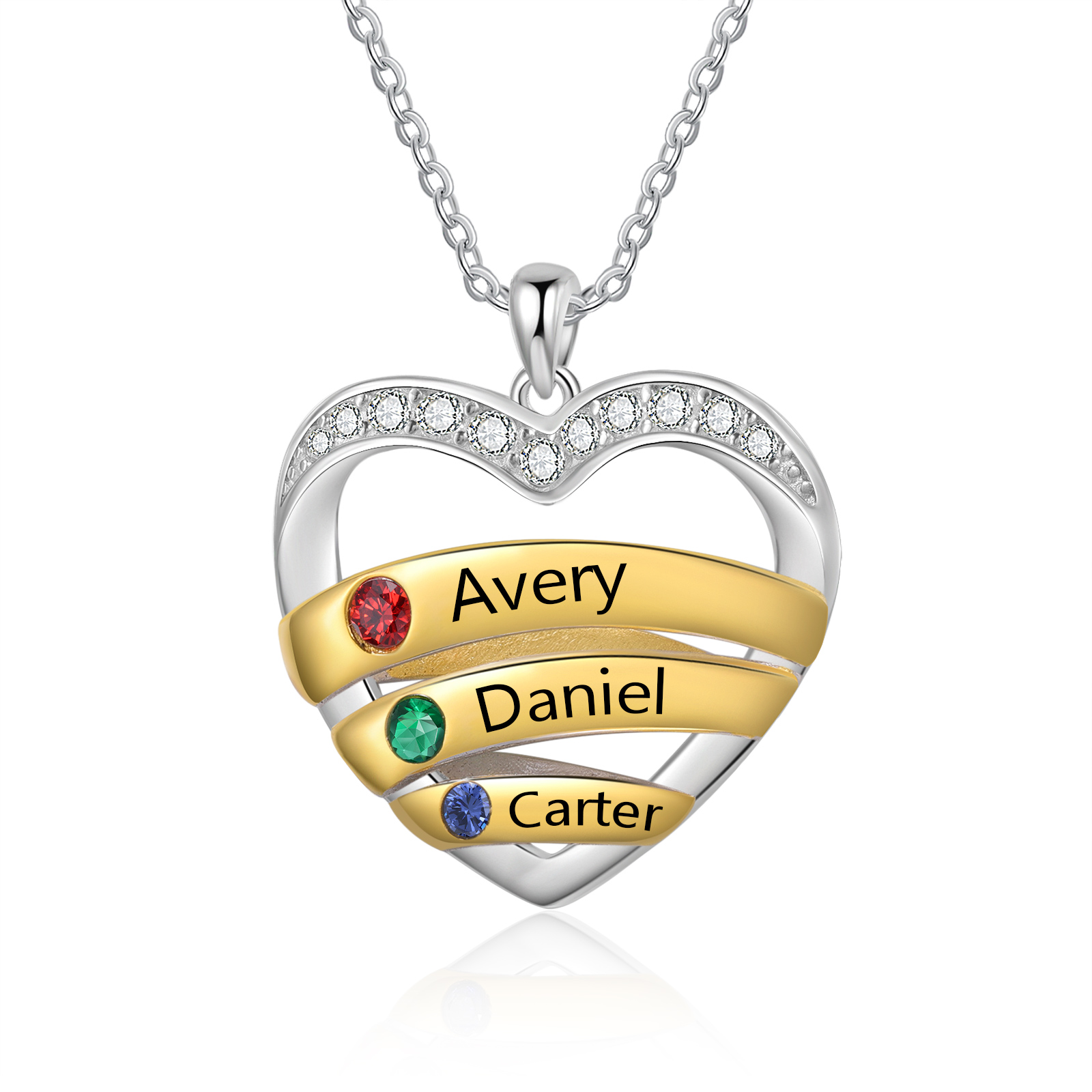 Personalised 3 Names & 3 Birthstones Necklace Custom Heart Pendant Women's Necklace Gifts for Her-Jessemade AU