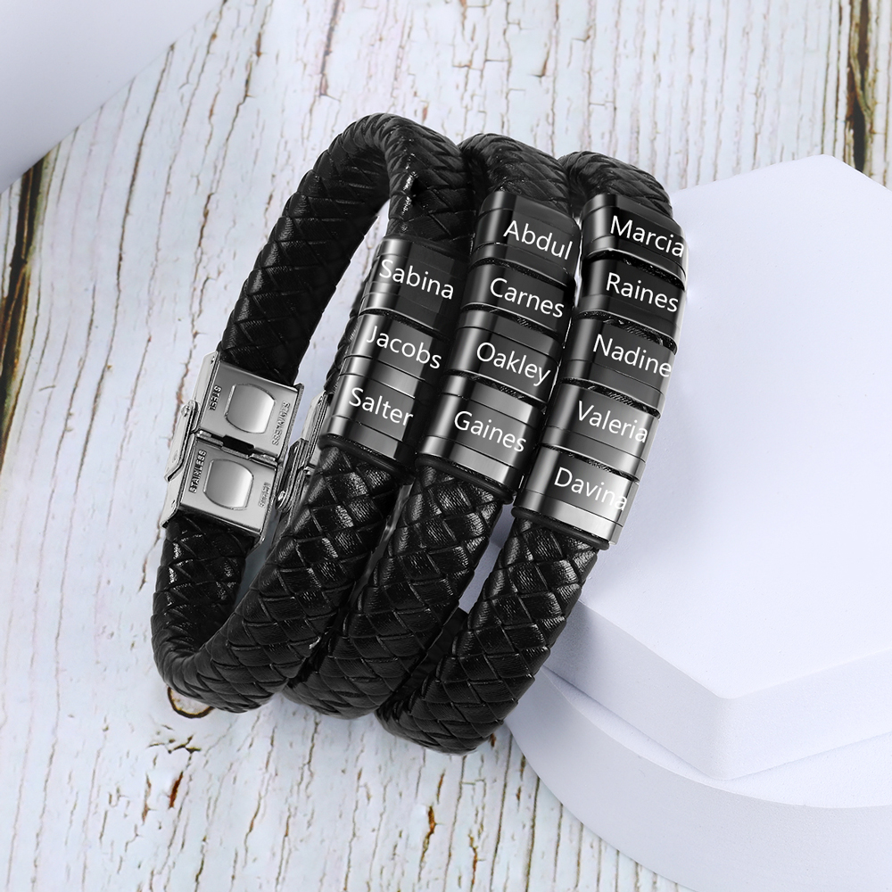 Men Leather Braided Bracelet Personalised with 3 Names Black-Jessemade AU