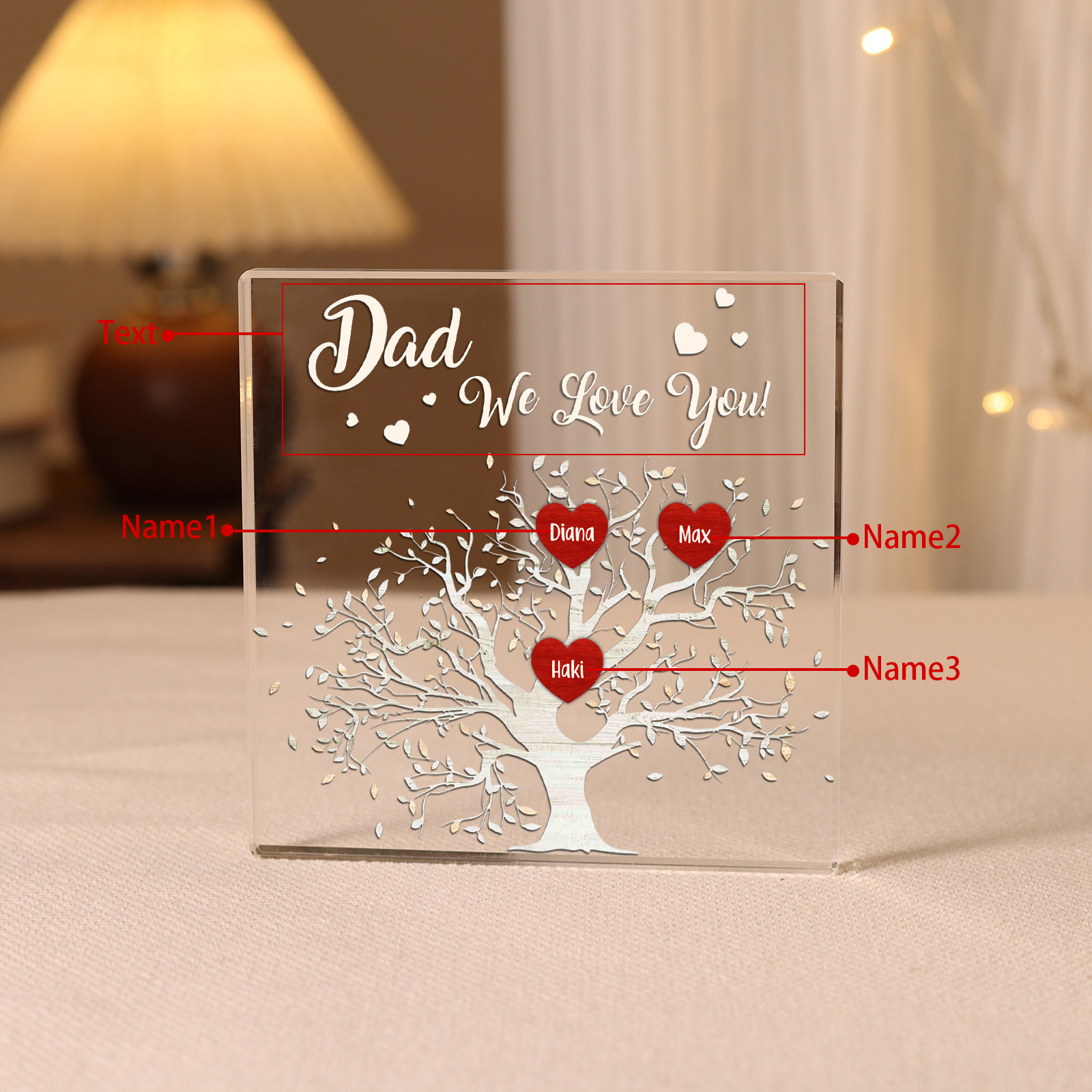 Personalised 3 Names & 1 Text Acrylic Square Keepsake Family Tree Rectangle Plaque Father's Day Gifts for Dad/Mom-Jessemade AU