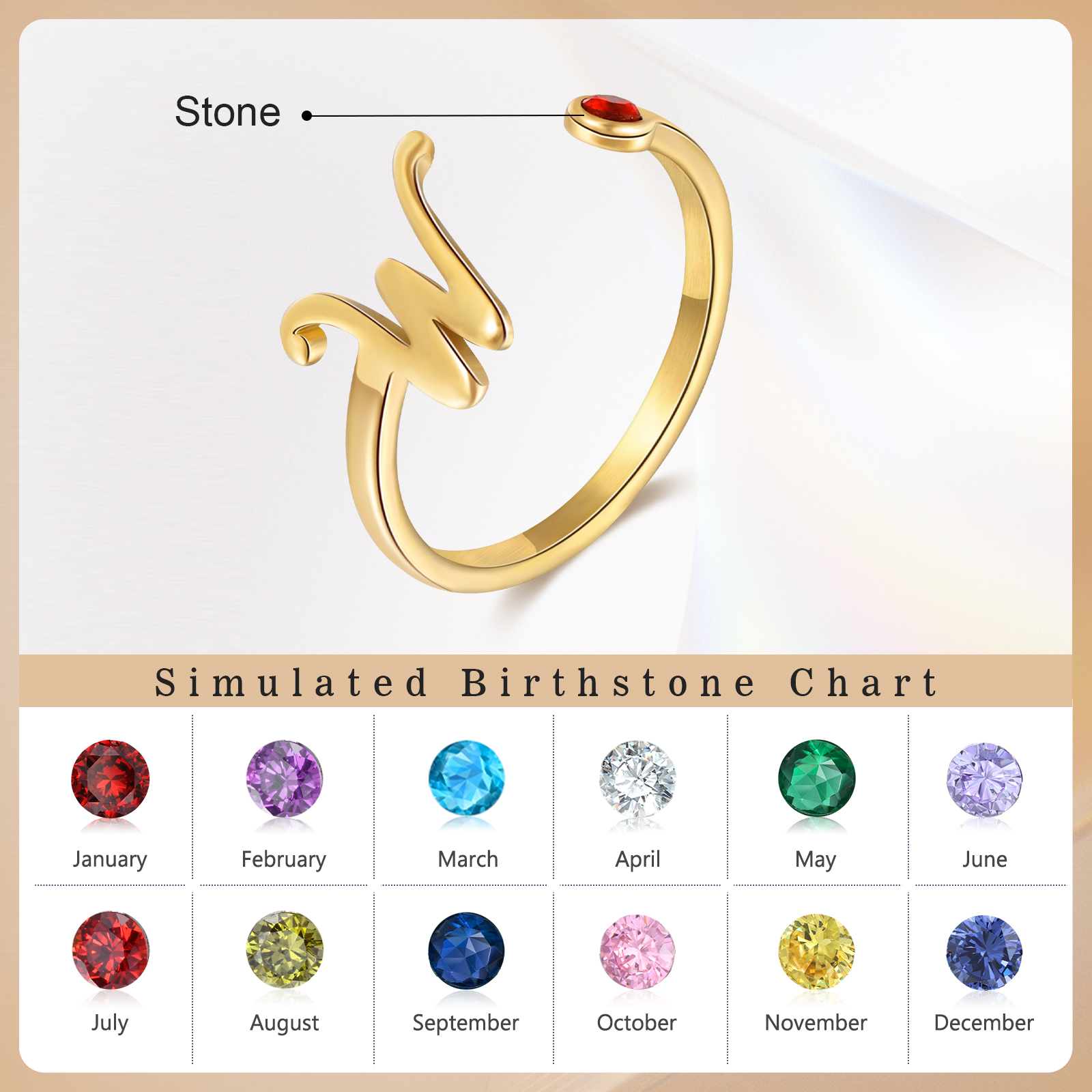 Letter Name Ring with Birthstone Custom 1 Letter Adjustable Ring for Her-Jessemade AU