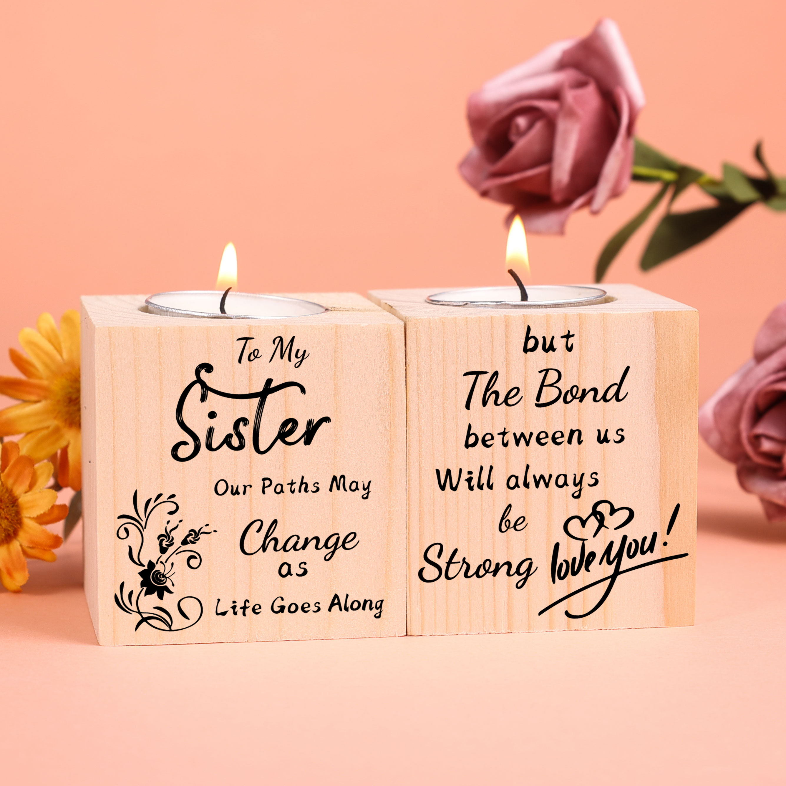 To My Sister Block Candle Holder The Bond Between Us Will Always Be Strong Wooden Candlesticks-Jessemade AU