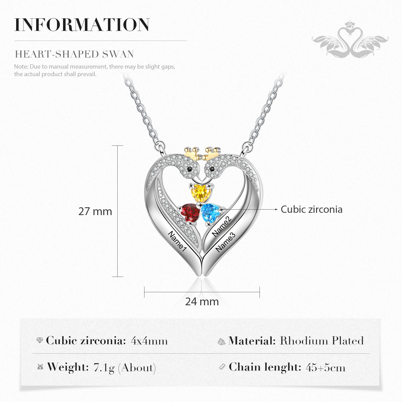 Personalised Heart Swan Necklace With 3 Birthstones Engraved Names Necklace Gifts For Her-Jessemade AU