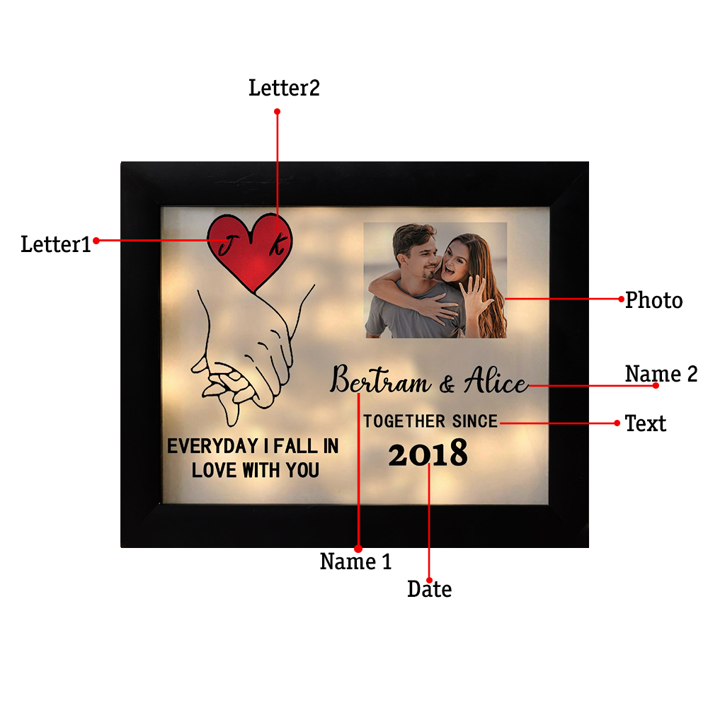 Personalised Photo Frame Custom 2 Names & 2 Letters & Date & Text Frame With Night Light Anniversary Gift For Her - Everyday I Fall In Love With You-Jessemade AU