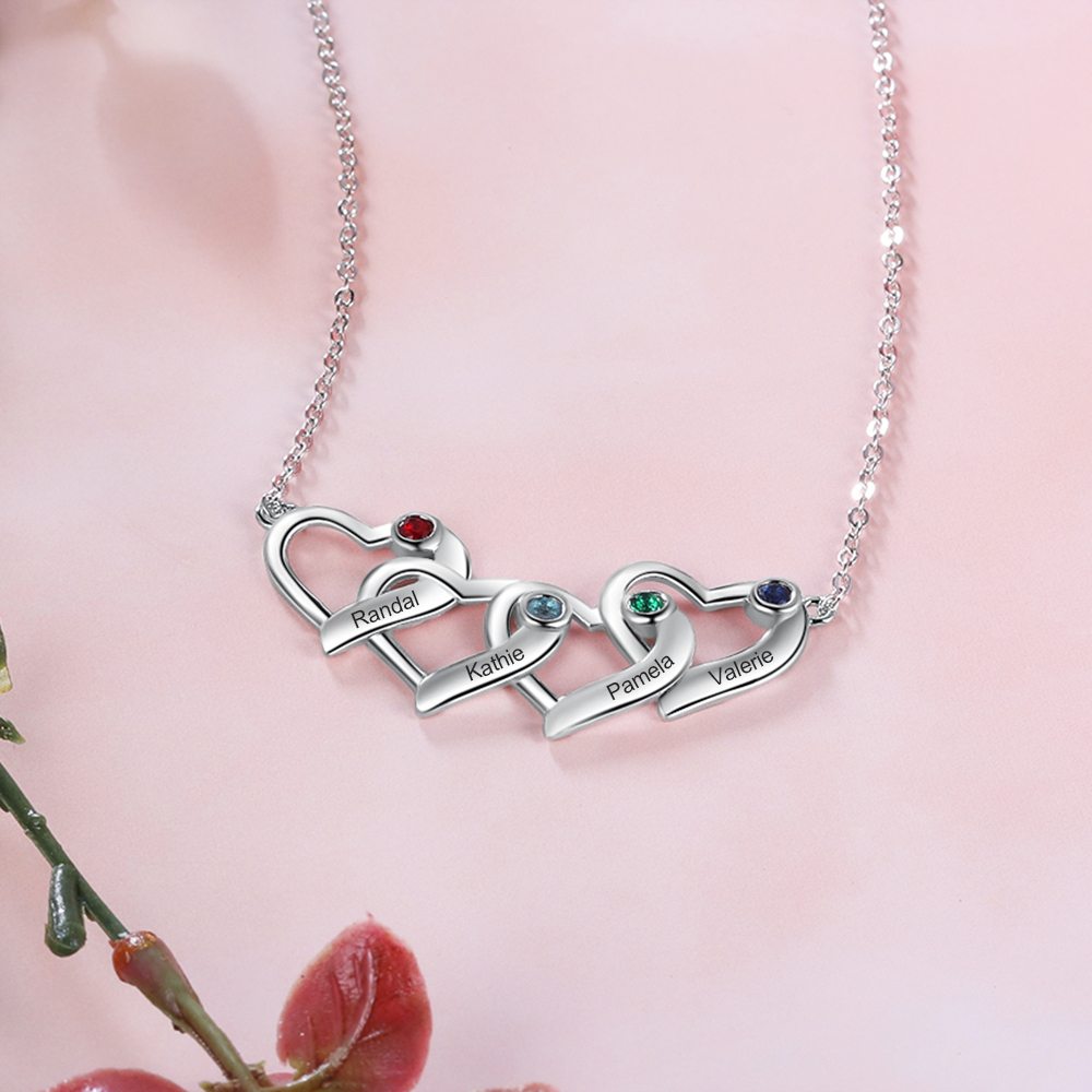 Personalised Heart Necklace With 4 Birthstones Engraved Names Gift For Her-Jessemade AU