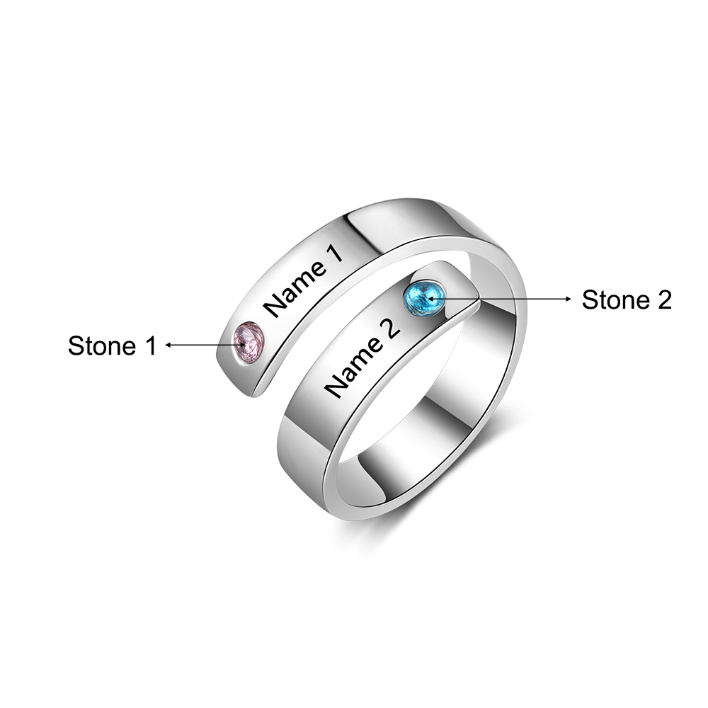 Personalised Ring With 2 Birthstones Engraved Names Ring Gift For Women-Jessemade AU
