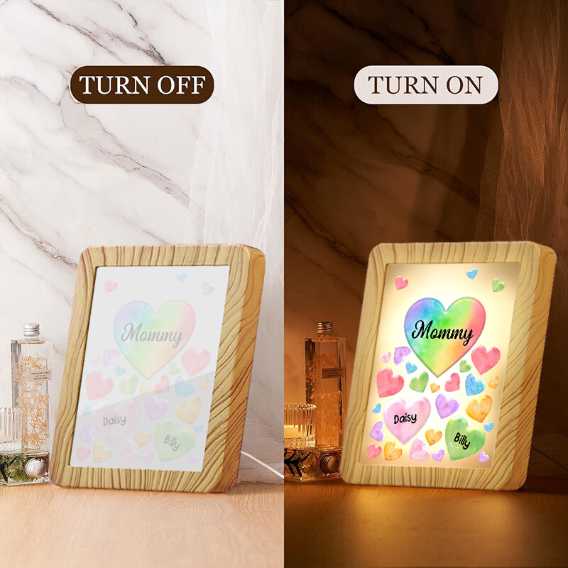 Personalised Night Light Mirror Frame Custom 1 Text & 2 Names Colourful Hearts Family LED Lamp Gift for Grandma/Mother-Jessemade AU