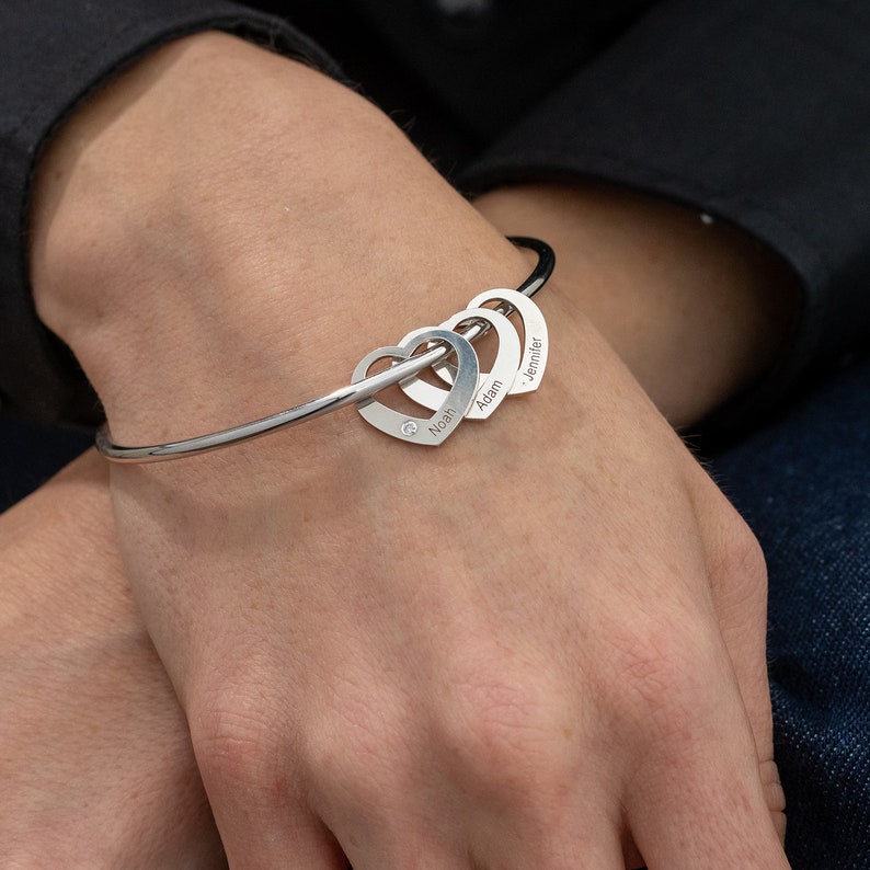 Engraved Personalised Bangle Bracelet with 5 Names with 5 Heart Shape Pendant Gift for Mother-Jessemade AU