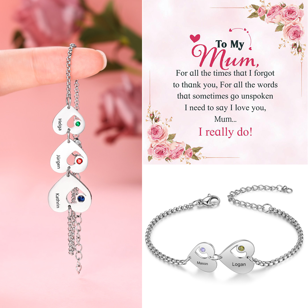 2 Names - Personalised Heart Bracelet Custom Names & Birthstones Family Bracelet Gifts for Her-Jessemade AU