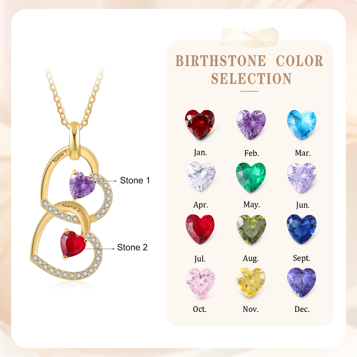 Personalised Heart Pendant Necklace Custom 2 Birthstones & 2 Names Necklace Gifts for Her-Jessemade AU