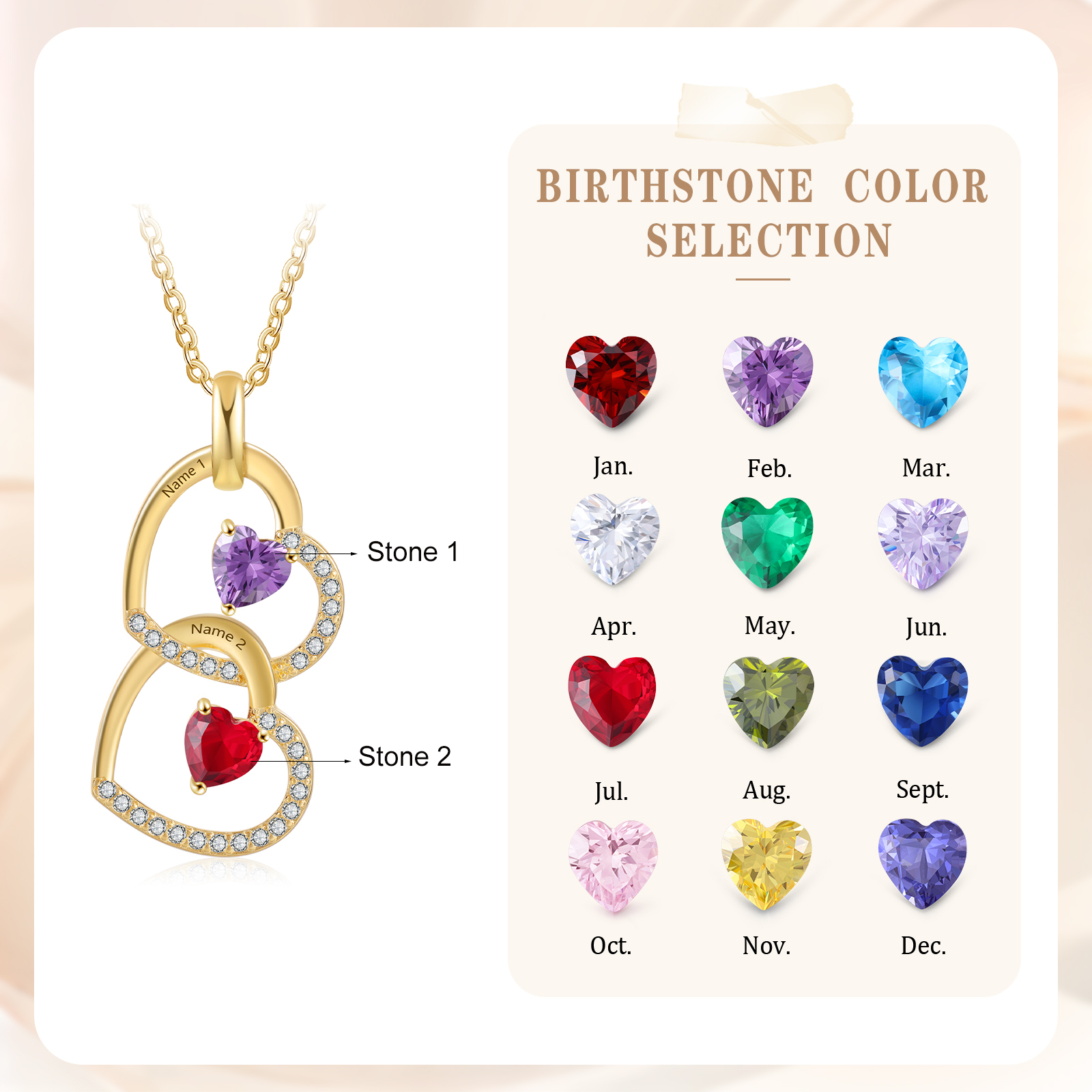 Personalised Heart Pendant Necklace Custom 2 Birthstones & 2 Names Necklace Gifts for Her-Jessemade AU