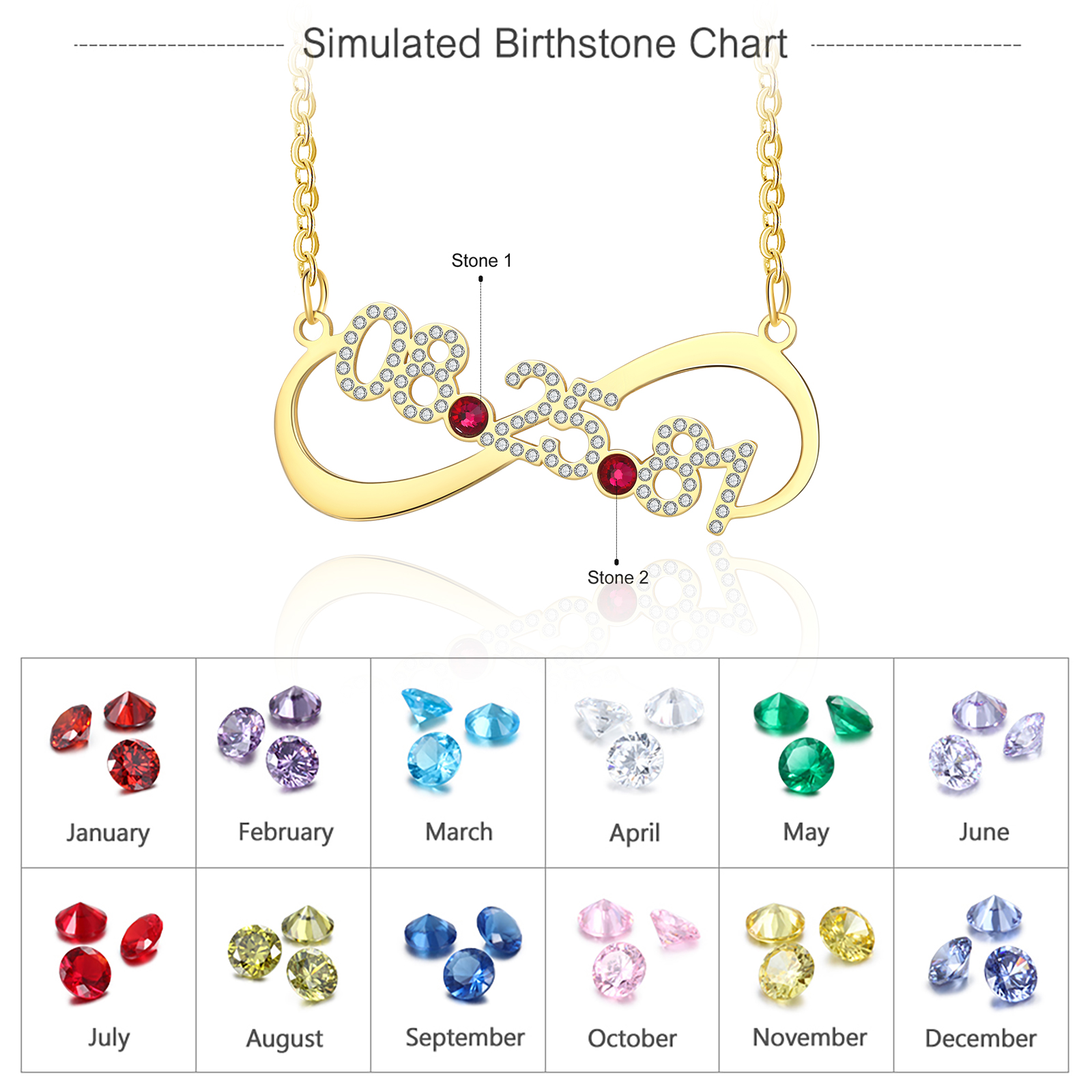 Personalised Double Hearts Birthstone Necklace With Engraving 1 Date For Lover-Jessemade AU