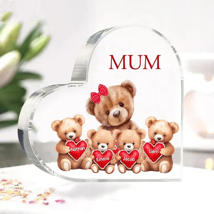 4 Names - Personalised Acrylic Heart Keepsake Custom Text Teddy Bear Ornaments Gifts for Grandma/Mother-Jessemade AU