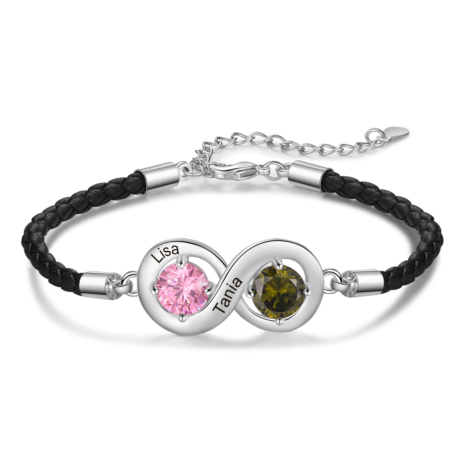 Personalised Infinity Bracelets Custom 2 Birthstones & 2 Names Adjustable Bracelet Gift for Her