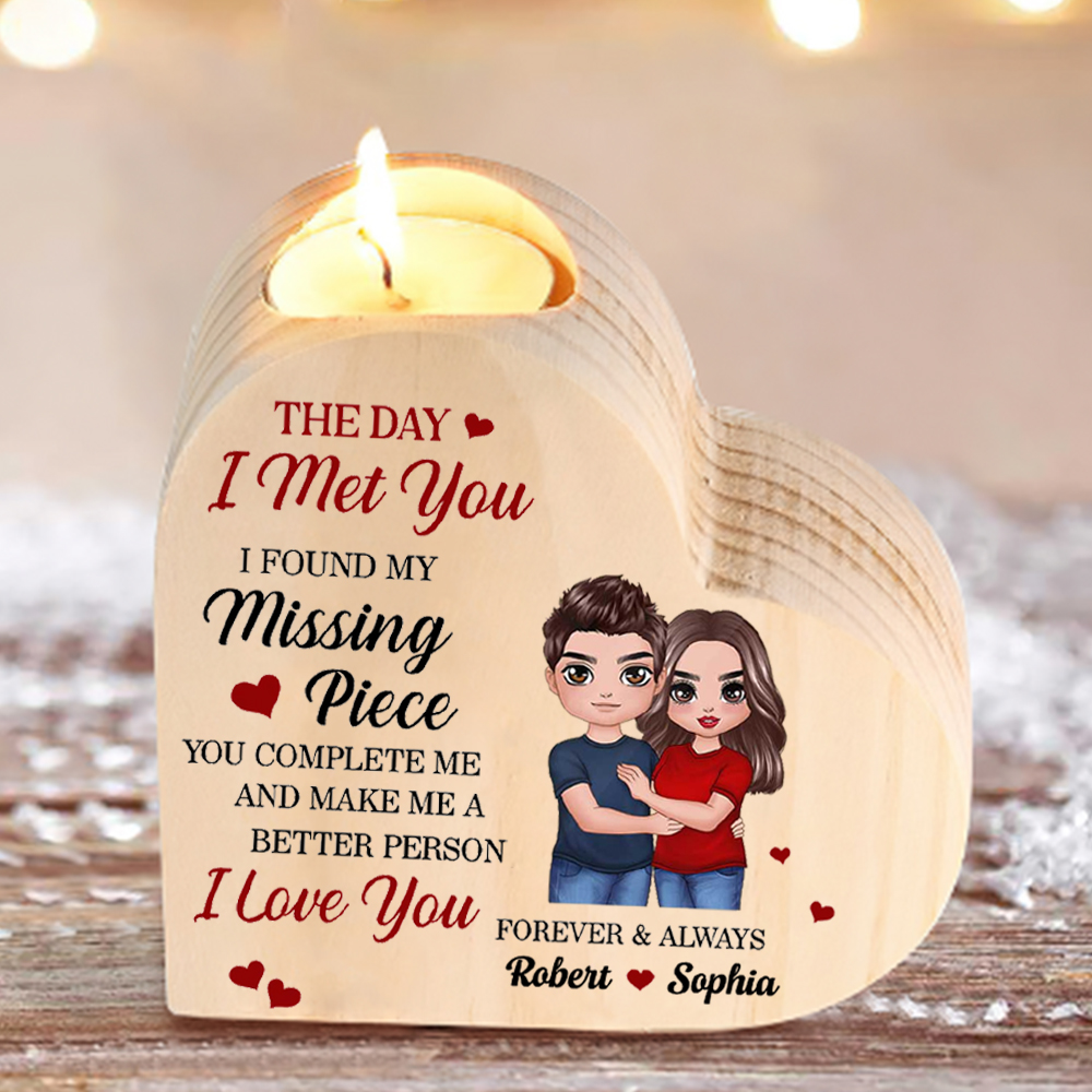 "I FOUND MY Missing Piece" Couple Heart Candle Holder Wooden Candlesticks Valentines Gift-Jessemade AU
