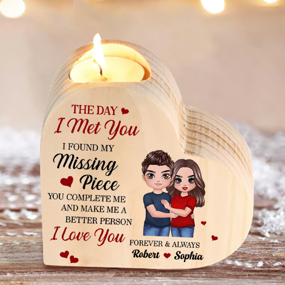 "I FOUND MY Missing Piece" Couple Heart Candle Holder Wooden Candlesticks Valentines Gift-Jessemade AU