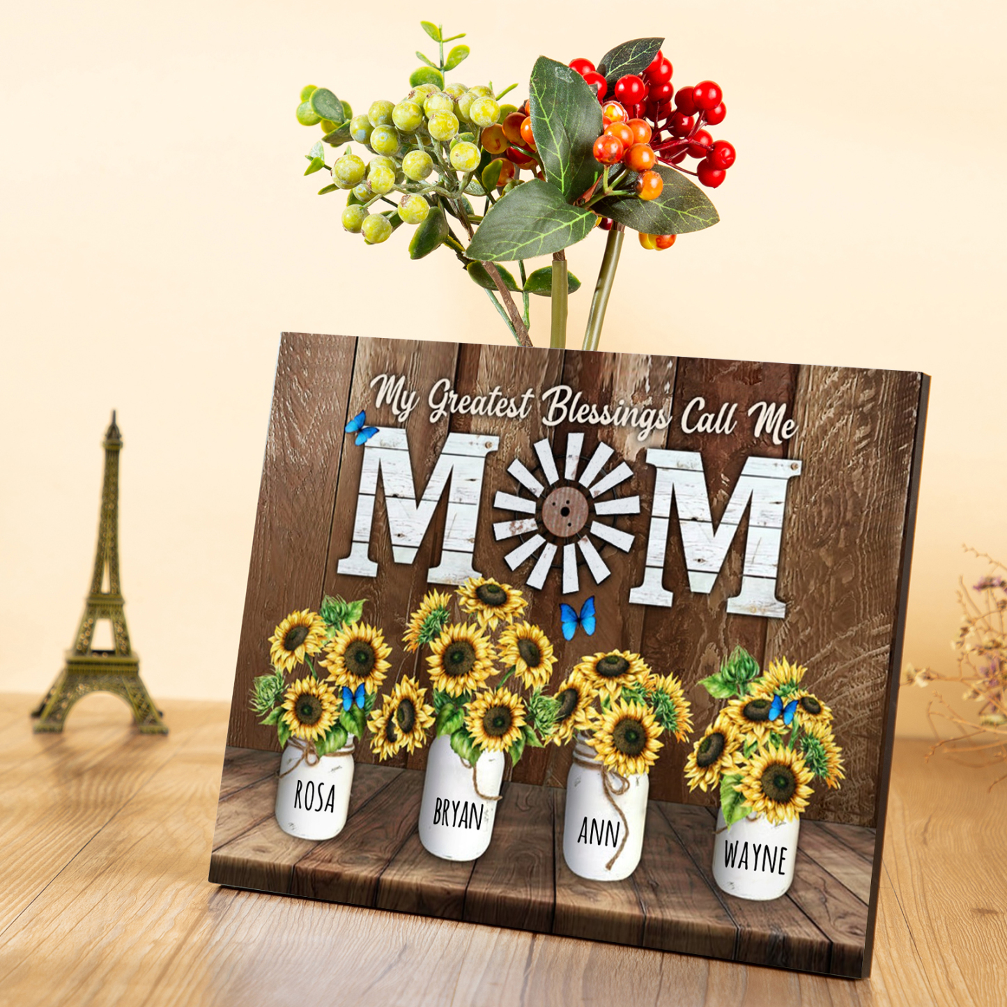Mom Sunflowers Picture Board Personalised 4 Kids Names Family Keepsake Wood Signs Photo Frame-Jessemade AU