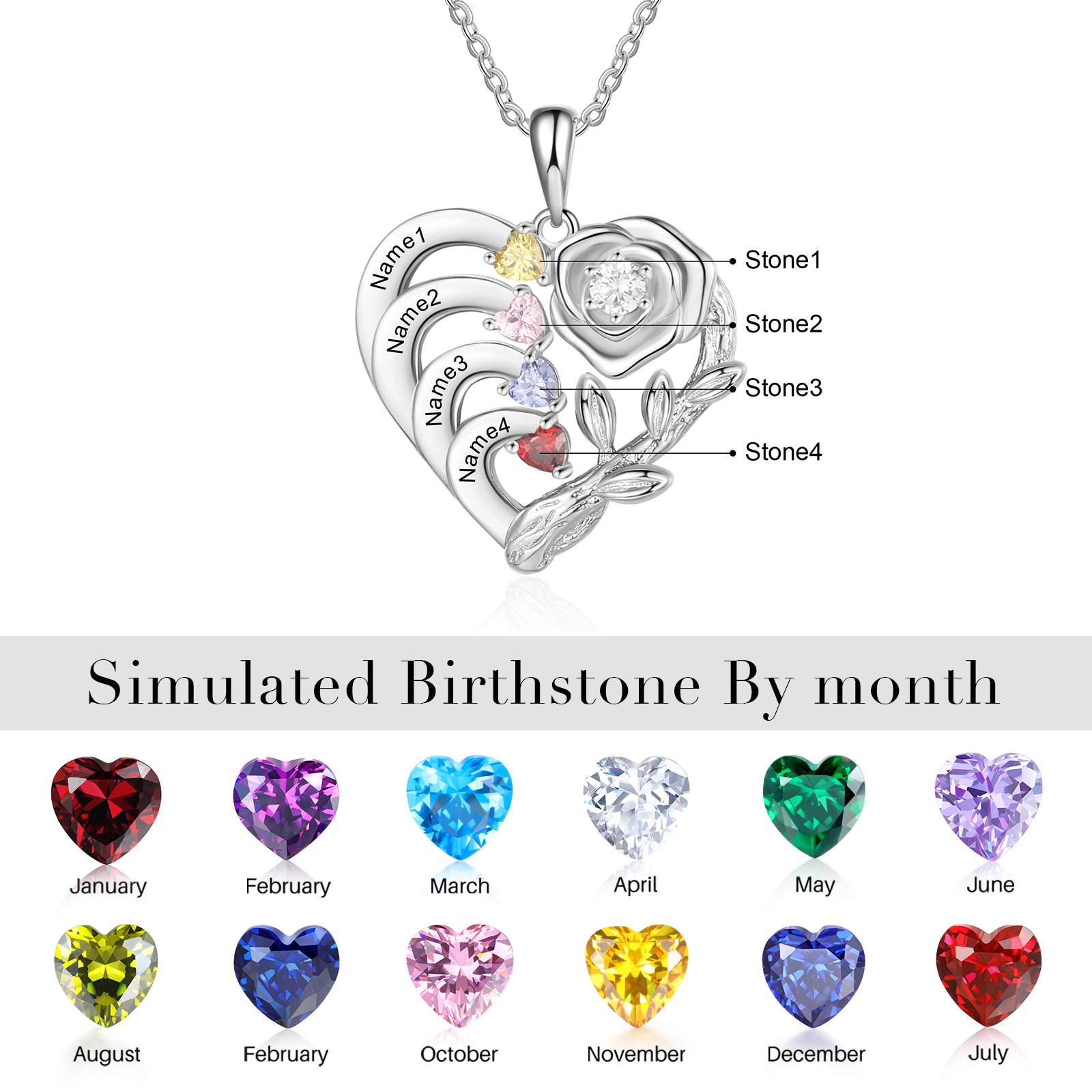 Personalised Rose Necklace with Birthstones Engraved 4 Names Intertwined Heart Pendant Necklace Gifts for Mother-Jessemade AU