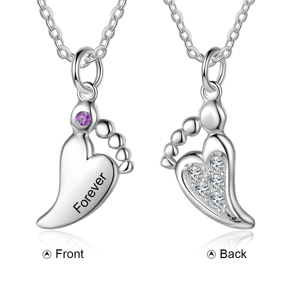 Personalised Baby Foot Necklace With 1 Birthstone Engraved Names Gift For Women-Jessemade AU