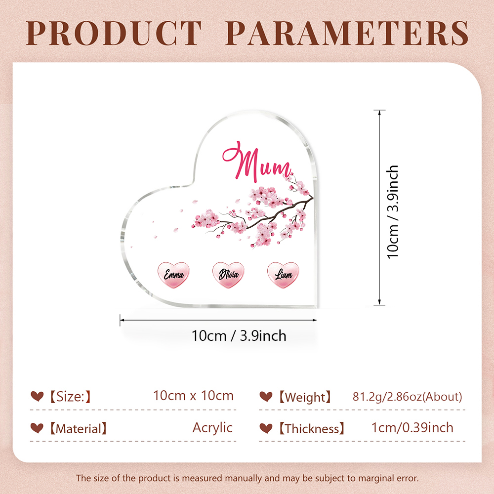 3 Names - Personalised Acrylic Heart Keepsake Custom Text Peach Blossom Ornaments Gifts for Grandma/Mother-Jessemade AU