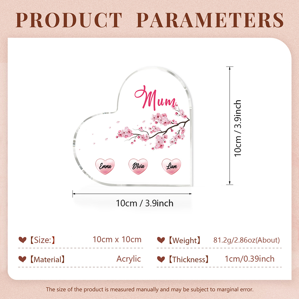 3 Names - Personalised Acrylic Heart Keepsake Custom Text Peach Blossom Ornaments Gifts for Grandma/Mother-Jessemade AU