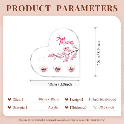 3 Names - Personalised Acrylic Heart Keepsake Custom Text Peach Blossom Ornaments Gifts for Grandma/Mother-Jessemade AU