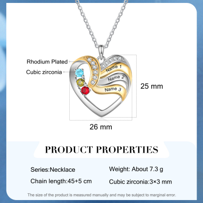 Personalised Heart Necklace with 3 Birthstones Engrave Names Family Necklace for Mom-Jessemade AU