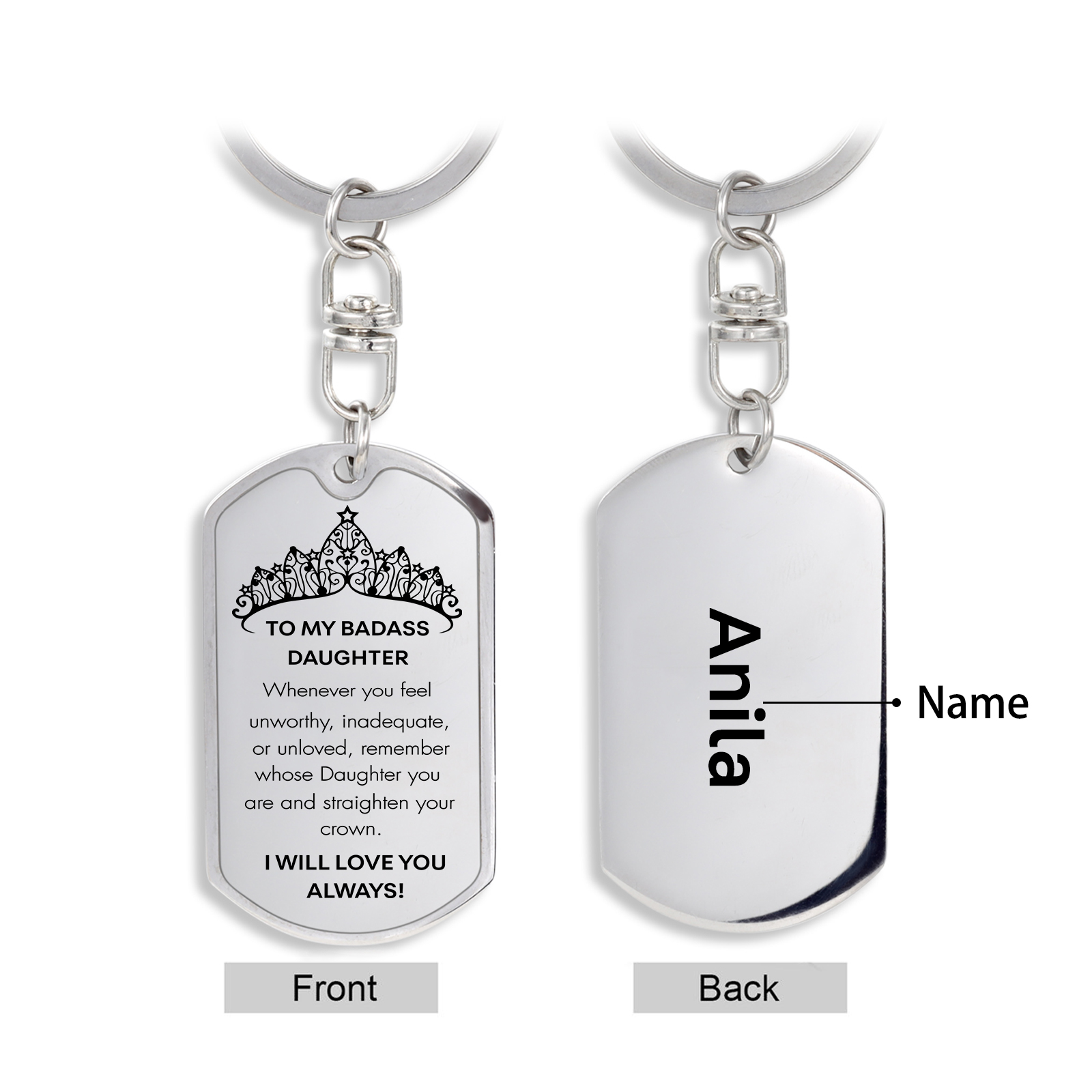 To My Badass Daughter Keychain Custom Name Stainless Steel Keyring "I Will Love You Always"-Jessemade AU