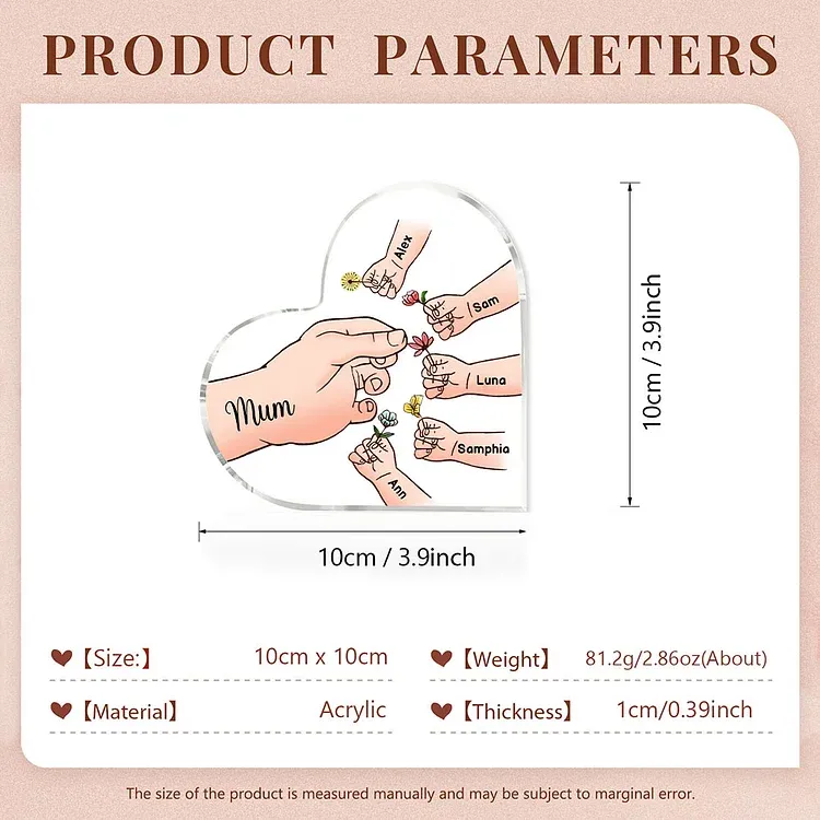 6 Names - Personalised Acrylic Heart Keepsake Handing Flowers to Mother Ornaments Gifts for Grandma/Mother-Jessemade AU