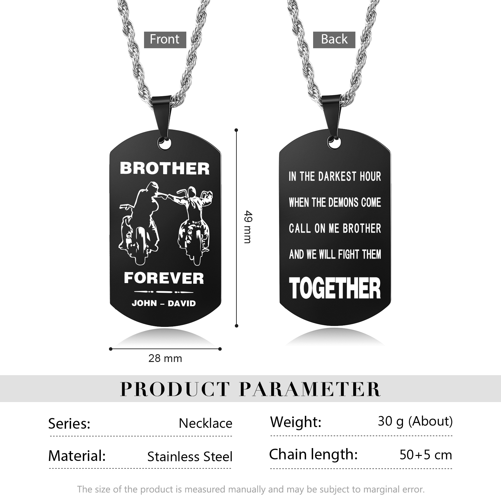 Brother Forever Dog Tag Necklace Personalised Black Double-sided Necklace Customised 2 Names Biker Necklace Gift to Brother-Jessemade AU